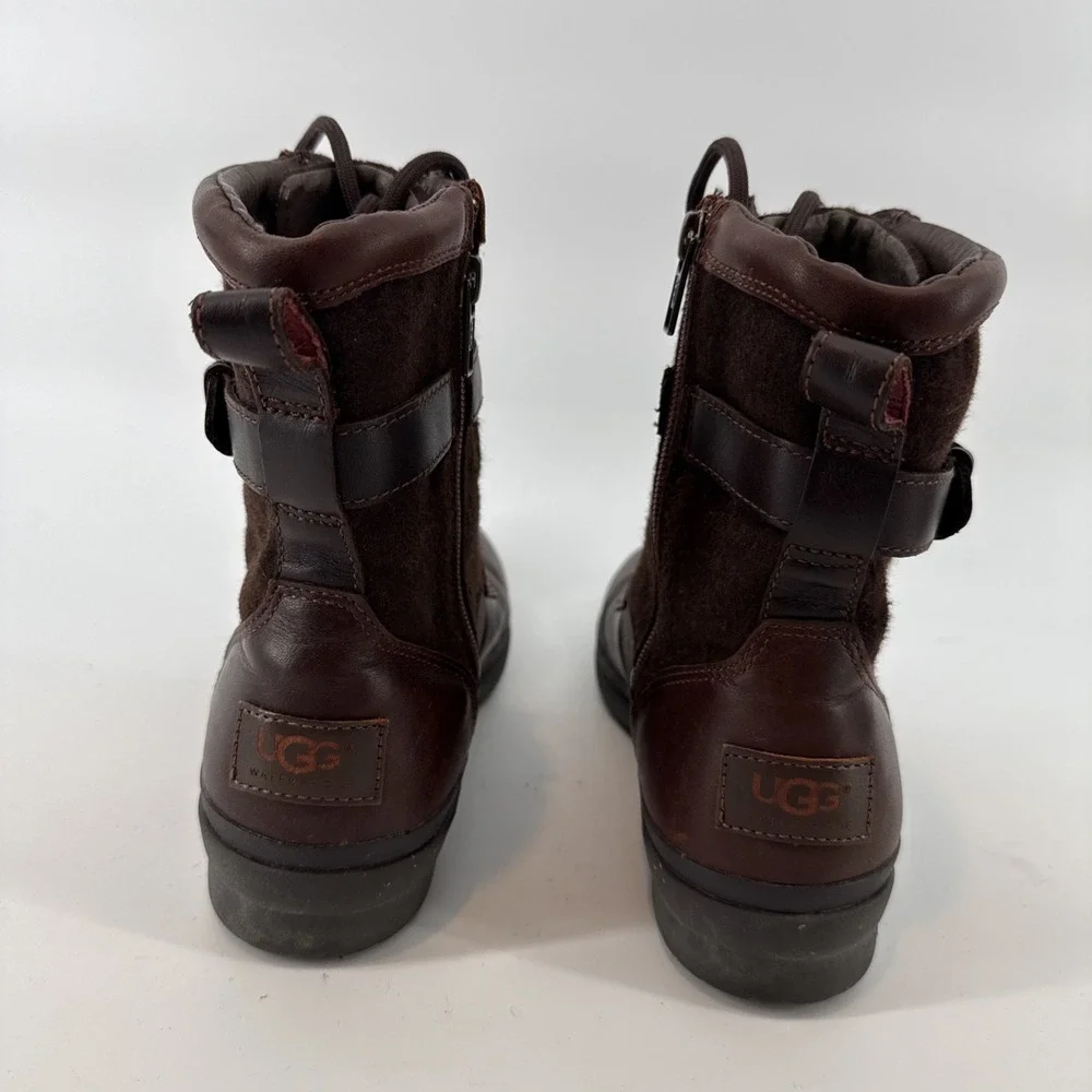 UGG Kesey Waterproof Boots Women 9 Brown Leather Suede Sheepskin Lace Up